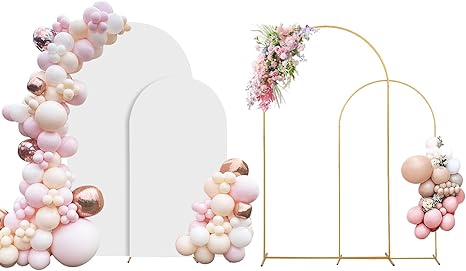 Arch Backdrop Stand Set of 2 With Cover (7.2FT+6FT) Gold Metal Wedding Arch Balloon Stand With Cover for Birthday Party Baby Shower Graduation Ceremony Decoration