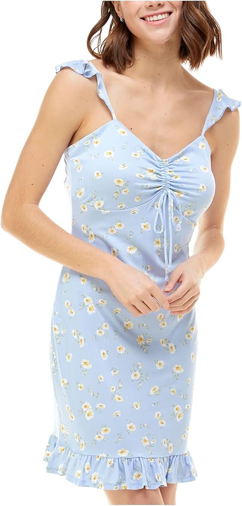 PLANET GOLD Womens Sheath Short Dress Light Blue Stretch Ruffled Ruched  Sleeveless Sweetheart Neckline Party Floral Tie Jersey-Knit Juniors L at  Amazon Women's Clothing store