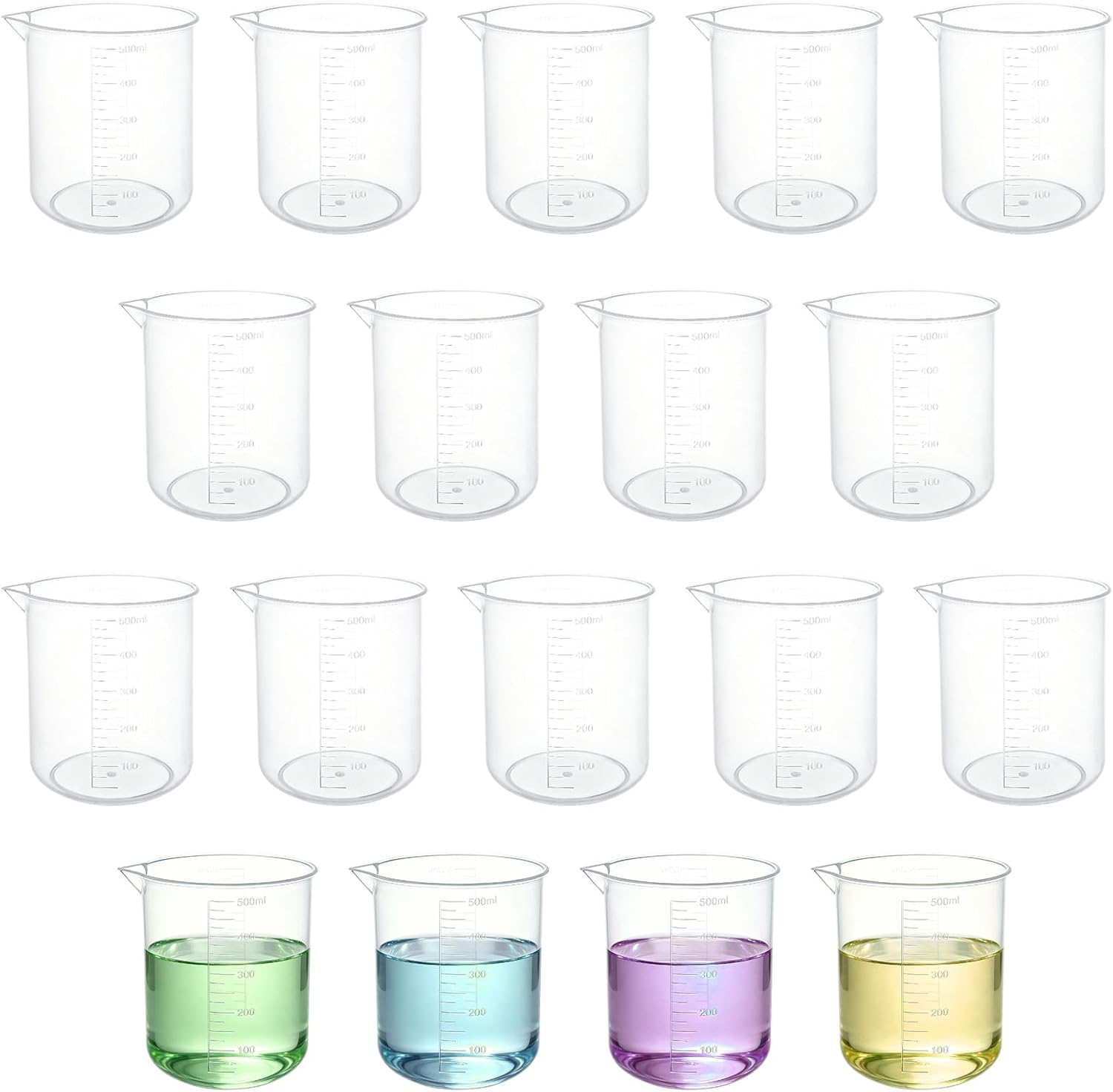 18 Pack 500 ml / 17.6 oz Plastic Beaker, Premium Polypropylene, 10mL Raised Graduations Graduated Beakers with Tapered Spout, Lab Measuring Cup for Resin, Science Experiment, Liquid Measuring