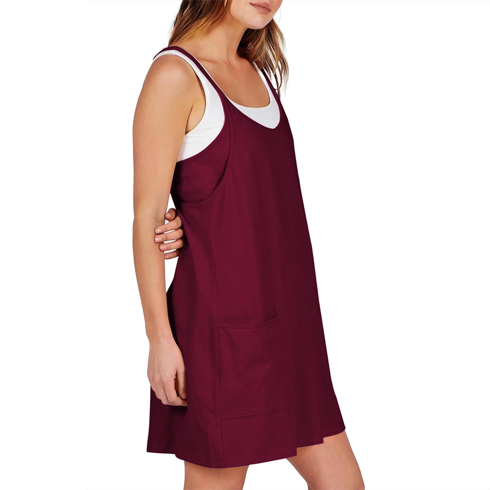Robe d'été pour femme - T-shirt - Robe de plage - Robe de tennis - Robe d'entraînement - Robe courte décontractée sans manches - Avec combinaison intégrée avec bretelles spaghetti et grandes