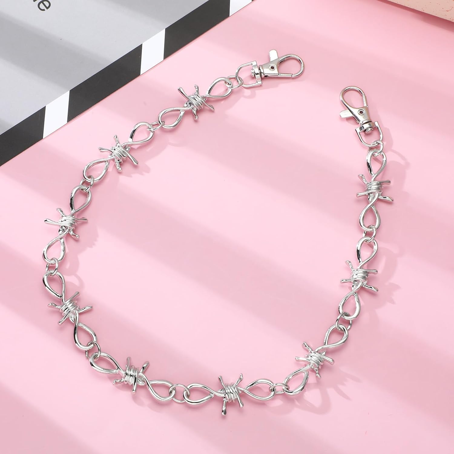 Thorn Pants Punk Belt Chain, Punk Pants Chain Barbed Wire Necklace Rock Hip Hop Thorns Wallet Biker Motorcycle Metal Jean Pocket Gothic Women Men (Sliver)