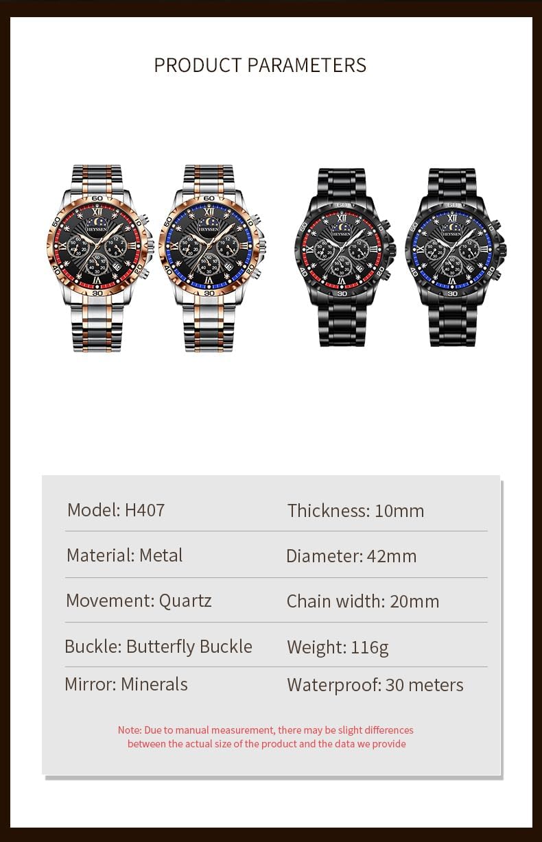 Watches for Men Stainless Steel: Dress Watch for Mens Quartz Analog Wrist Luxury Black Metal Tone Blue Dial Big Classic Diver Waterproof Chronograph Black Face Business Man Gift Black Case Blue Bezel image 6 of 8 B0FBGLQNKF