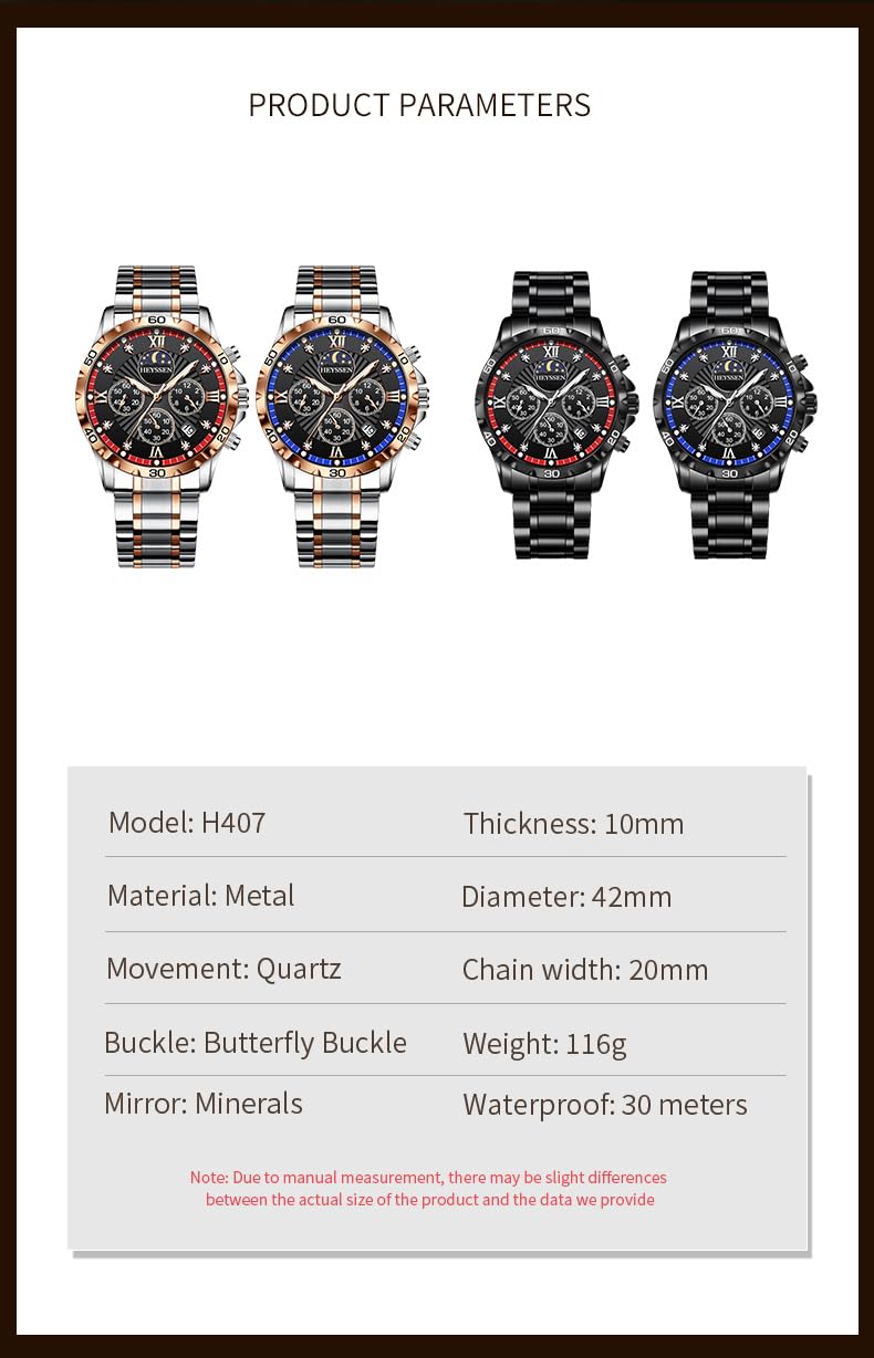 Watches for Men Stainless Steel: Dress Watch for Mens Quartz Analog Wrist Luxury Black Metal Tone Blue Dial Big Classic Diver Waterproof Chronograph Black Face Business Man Gift