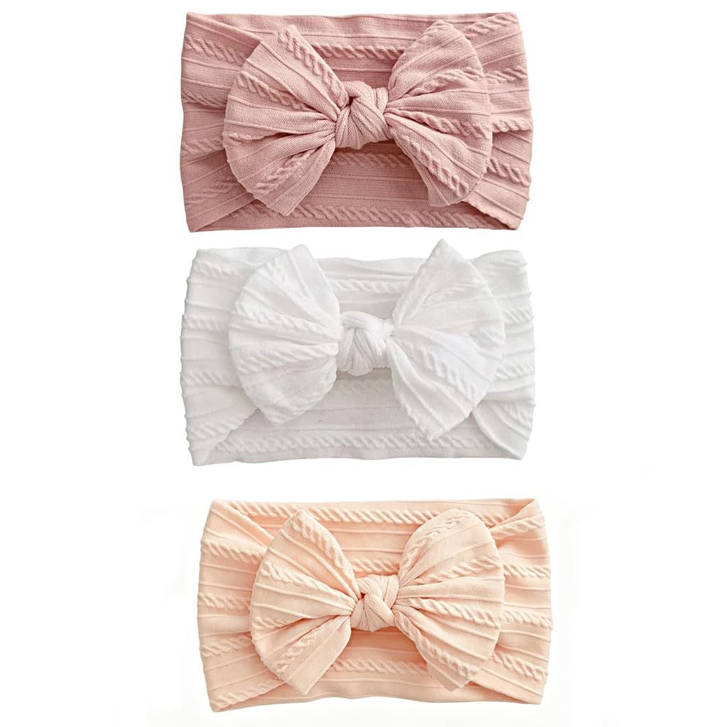 Pack of 3 Baby Girls Elastic Soft Nylon Baby Headband with Bow Newborn Headpiece Hair Accessories for Christening Photography Birthday One Size Fits All for Toddlers