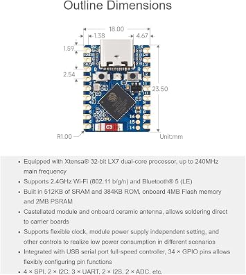 waveshare ESP32-S3 Mini Development Board with Pre-Soldered Header,2.4GHz Wi-Fi,Bluetooth 5 Support,Based on ESP32-S3FH4R2 Dual-Core Processor,240MHz Running Frequency, USB Type-C Port