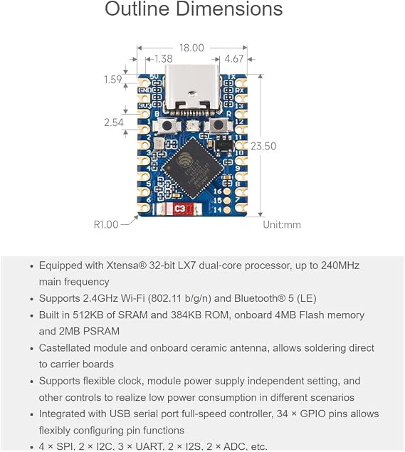waveshare ESP32-S3 Mini Development Board with Pre-Soldered Header,2.4GHz Wi-Fi,Bluetooth 5 Support,Based on ESP32-S3FH4R2 Dual-Core Processor,240MHz Running Frequency, USB Type-C Port