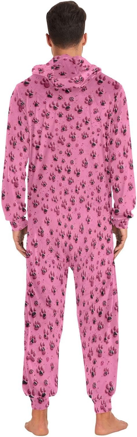 Black Pink Cat Paw Print Dots Zipper Hooded Adult Jumpsuit Pajamas with Pockets XS-3XL