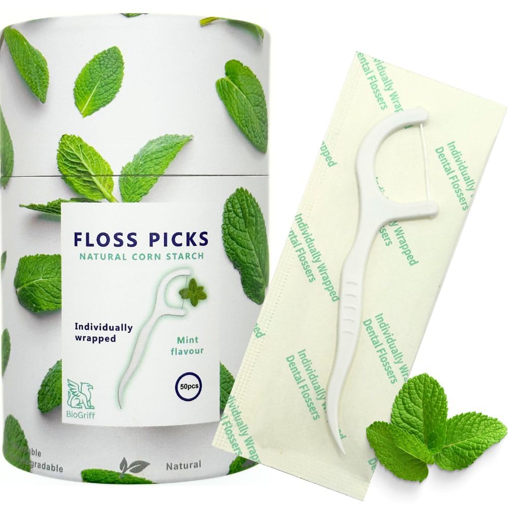 Individually Wrapped Biodegradable Dental Floss Picks Mint Flavor PBAT Starch-Based Material Single-Use Flossers for Daily Oral Care