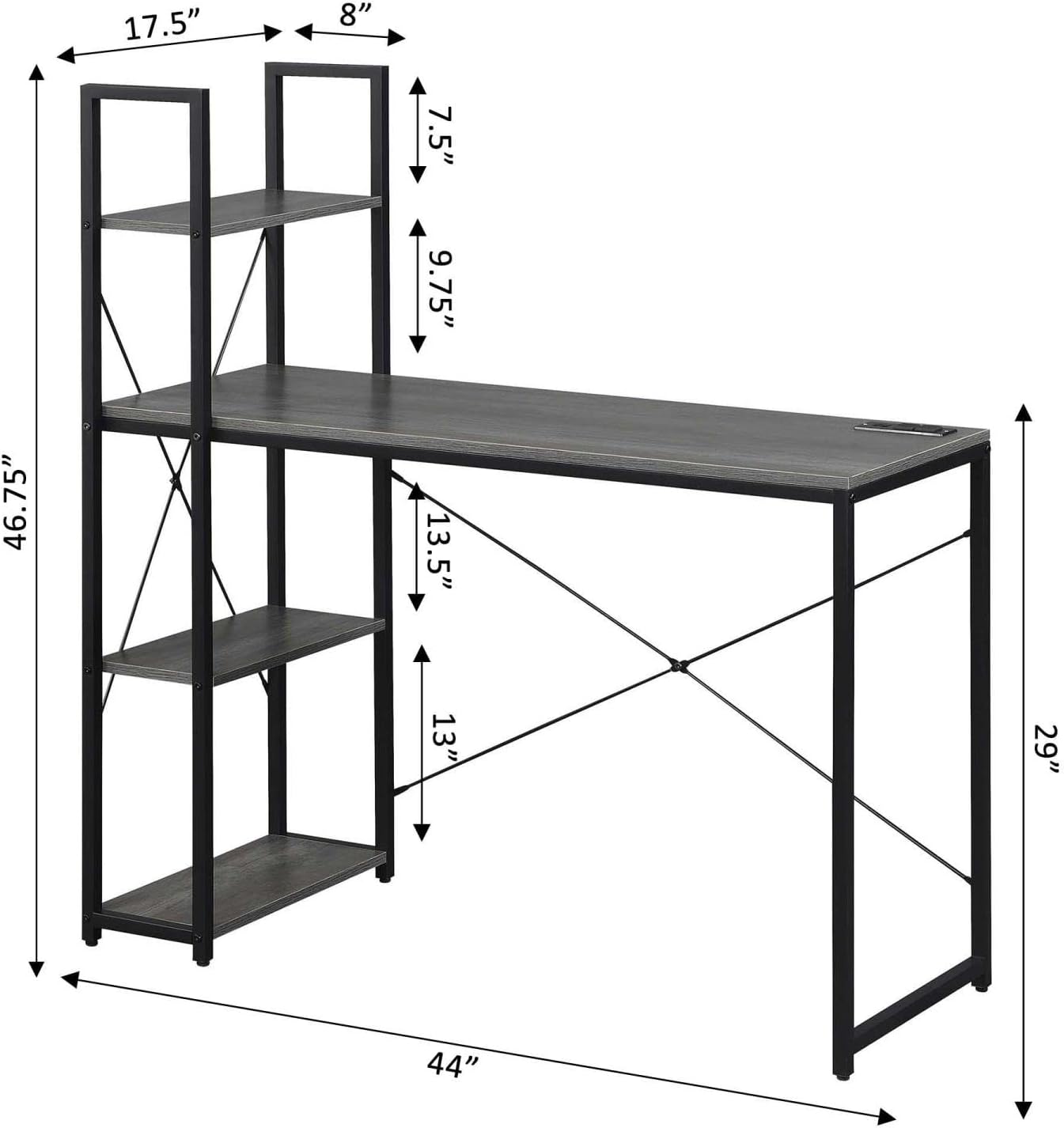 Convenience Concepts Desigsn2Go Office Workstation Desk with USB Ports & AC Outlets 44.25" - Modern Writing Accent with Charging Station & Storage Shelves for Dorm Room & Home Study, Charcoal Gray
