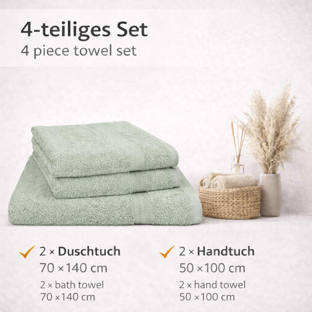 Betz Premium Handtuch Set 4-teilig – 2 Duschtücher 70×140 cm & 2 Handtücher 50×100 cm, 100% Baumwolle 470 g/m², saugstark & weich, Oeko-TEX® Farbe heugrün