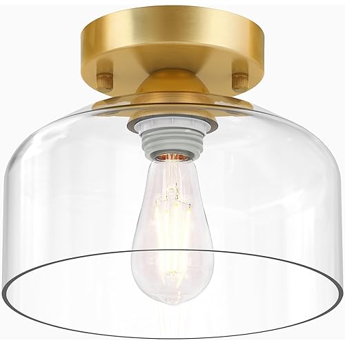 LACCEN Semi Flush Mount Ceiling Light Brushed Gold - Clear Glass Pendant Lamp Shade, Modern Farmhouse Light Fixture for Hallway Corridor Kitchen Entryway Bedroom, Bulb Not Included