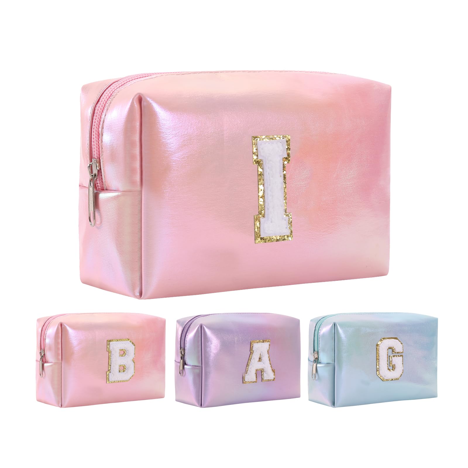 Personalized Initial Makeup Bag, Letter Zipper Cosmetic Bag for Womens , Preppy Makeup Bags, Glitter Waterproof Cute Makeup Pouch, Travel Makeup Bags