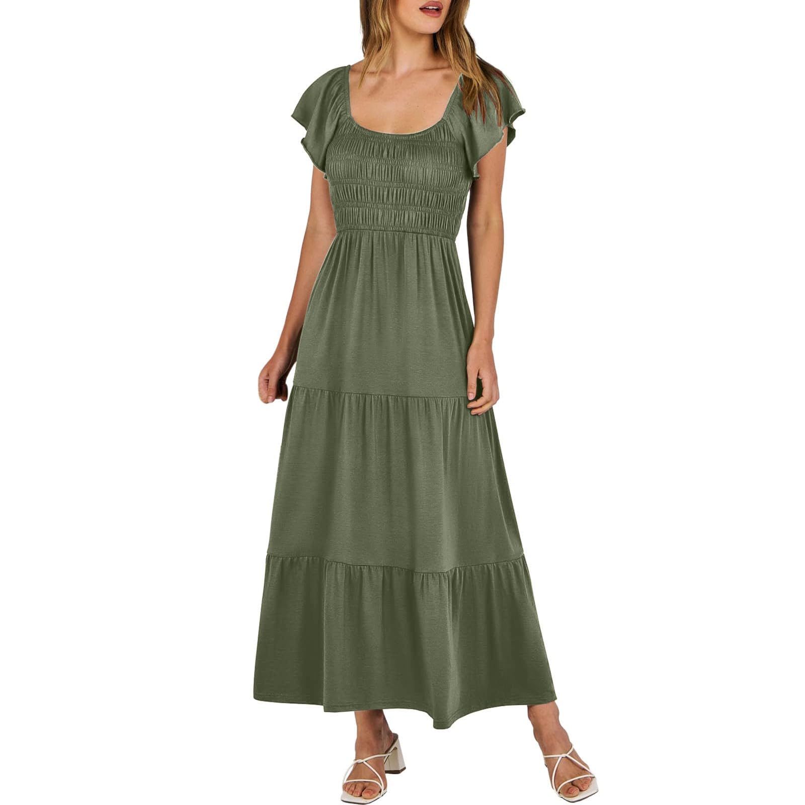 Vestido largo de verano para mujer, informal, manga corta, cuello en V, cintura elástica
