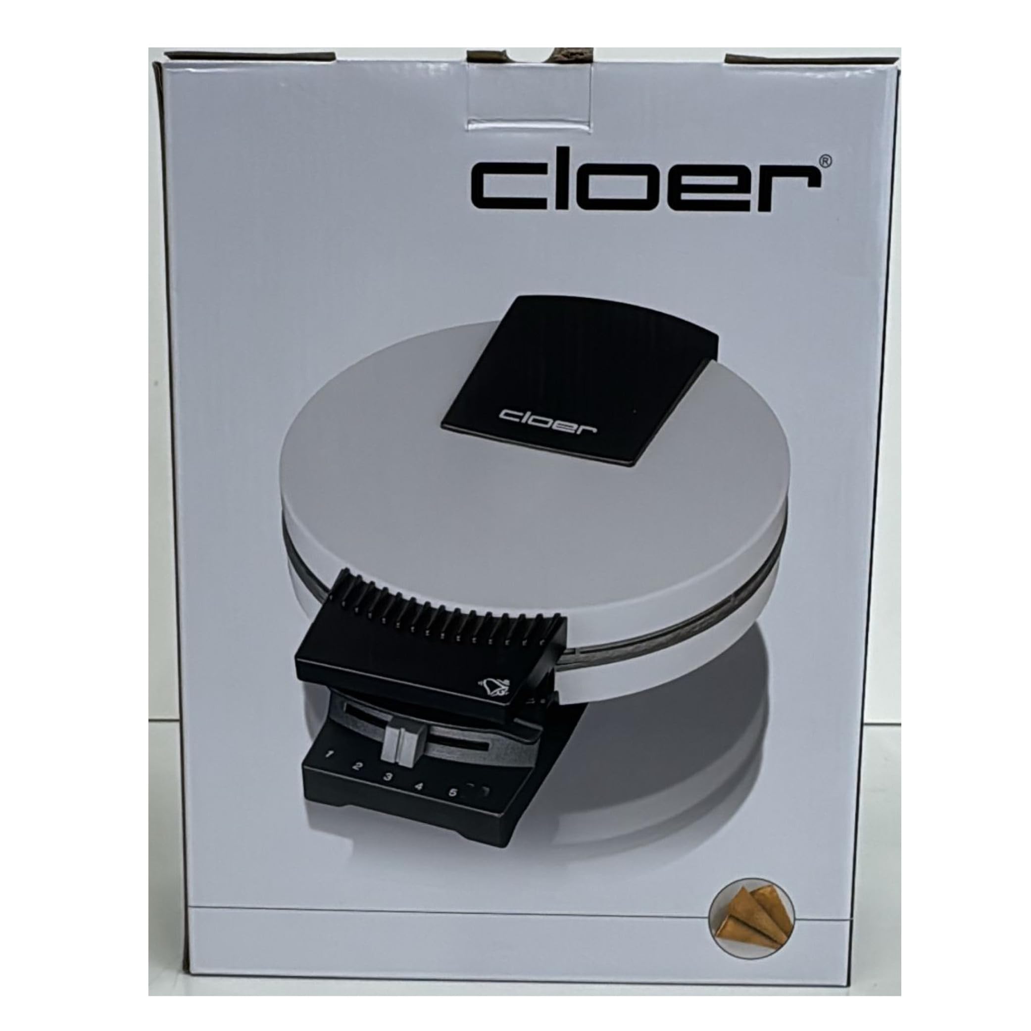 Cloer 281 Hörncheneisen für hauchdünne, knusprige Hörnchen, 15 cm Hörnchengröße, Hörnchenautomat mit Antihaftbeschichtung, stufenlosem Bräunungsgrad, Backampel & Signalton, weißes Metallgehäuse, 800 W