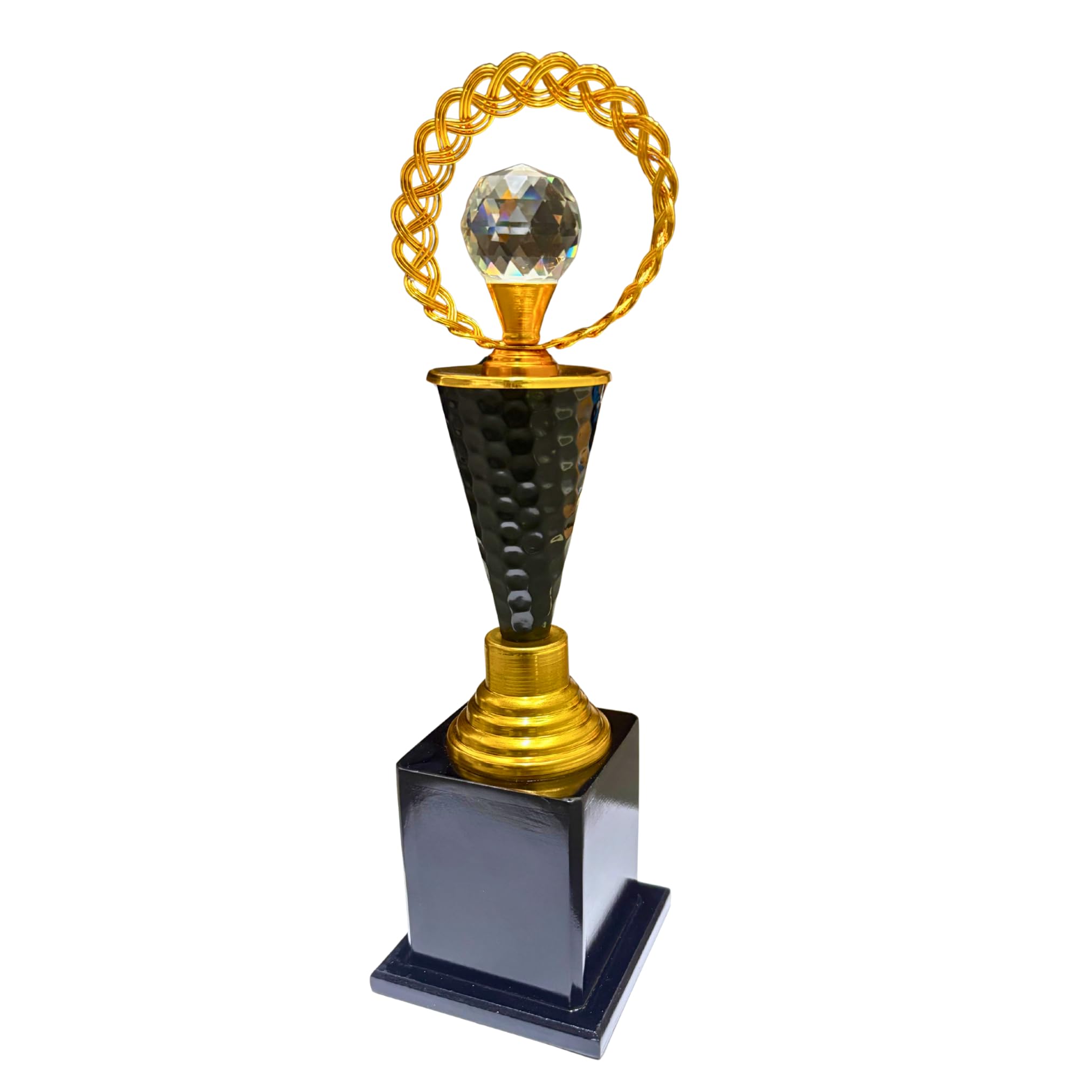 Crystal Diamond Trophy || 14 inches|| Black Metal Cone with Gold Accents, Logo Printing, Writings & Customisation Available-picture-10