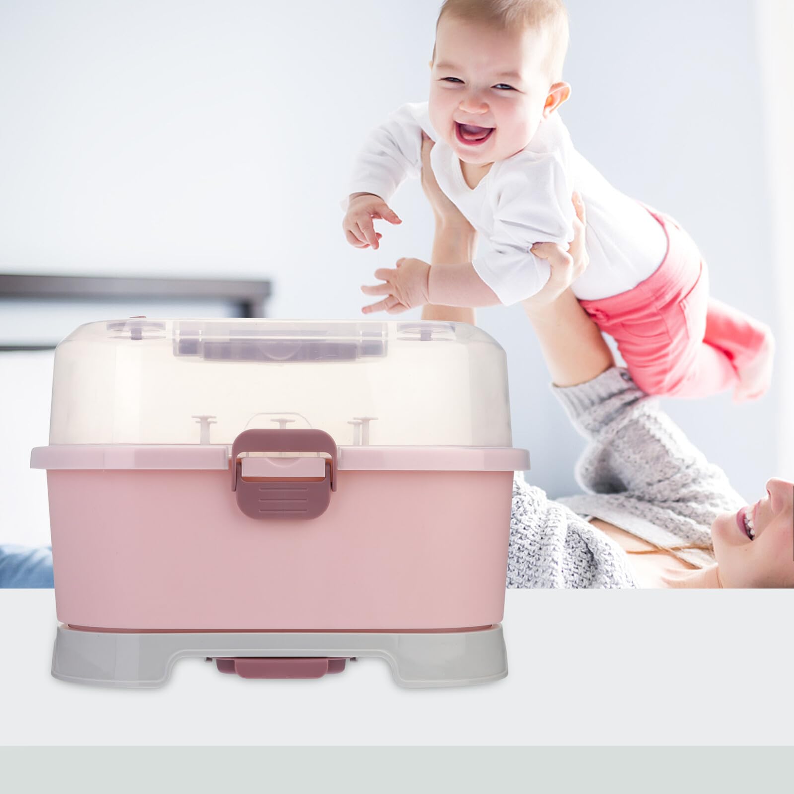 KOMBIUDA Babyflaschen Organizer, Tragbare Aufbewahrungsbox aus Pp in Rosa | Großes Fassungsvermögen, für Zuhause und Reisen, für Milchflaschen und Stillzubehör
