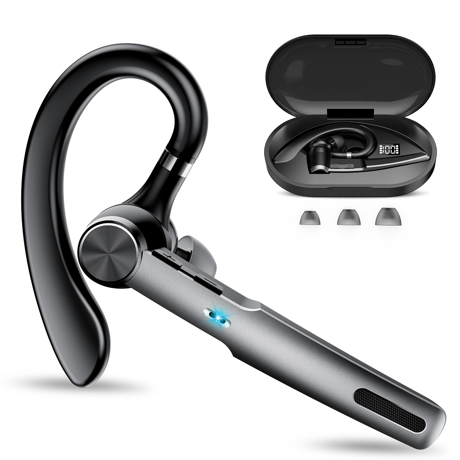 Bluetooth Headset, Wireless Headset with ENC Mic, Single-Ear Bluetooth Earpiece V5.3 with Ear Hook, IP7 Waterproof Earphones with Charging Case Black