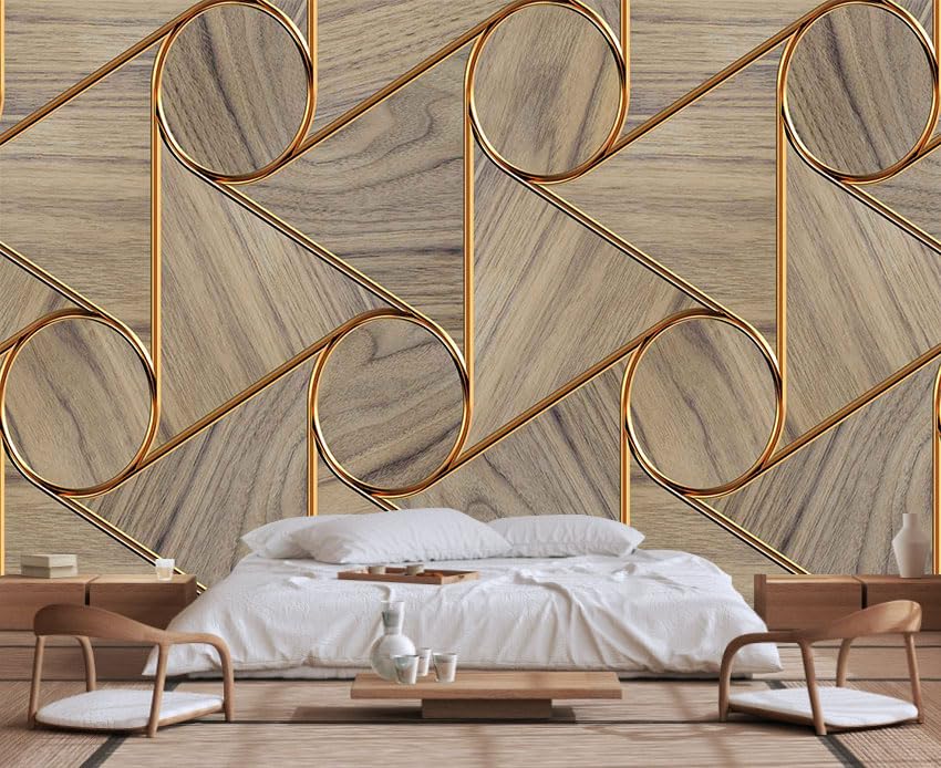 Golden Stripes and Circles and Imitation Wood Grain Wallpaper, Large Wall murals for bedrooms, Living Rooms, restrooms(Non-self-Adhesive)
