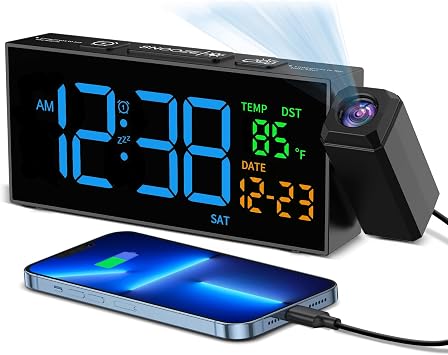 Netzu Projection Clock for Bedroom Ceiling, Digital Clocks with 180 Rotatable Projector, Date Temperature and Weekday Blue