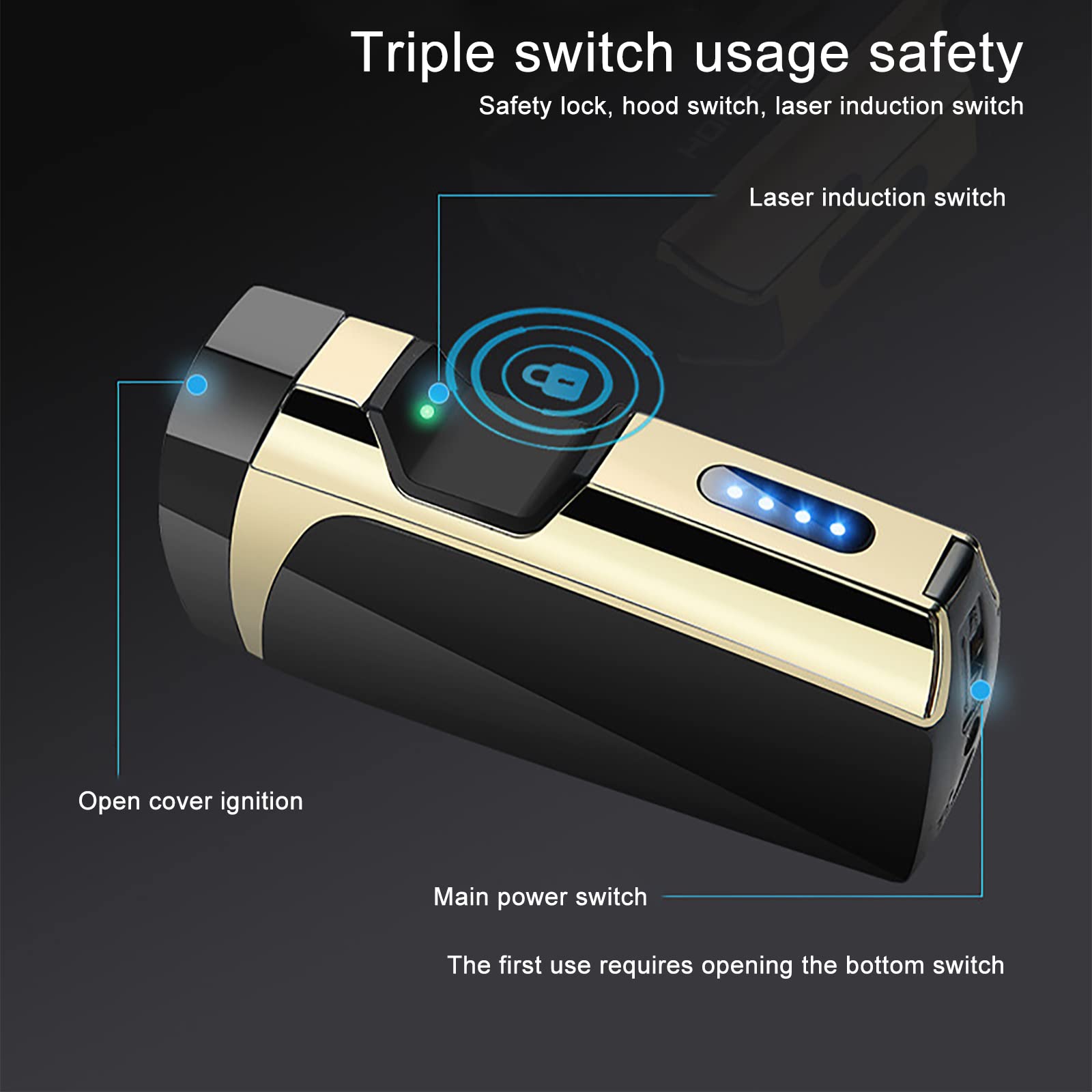 Zapalniczka elektryczna, zapalniczka ładowana przez USB, zapalniczka plazmowa z podwójnym łukiem, wiatroszczelna, bezpłomieniowa zapalniczka, kieszonkowa metalowa zapalniczka ze wskaźnikiem baterii LED, do świec, kadzidła, kempingu, czarna 3