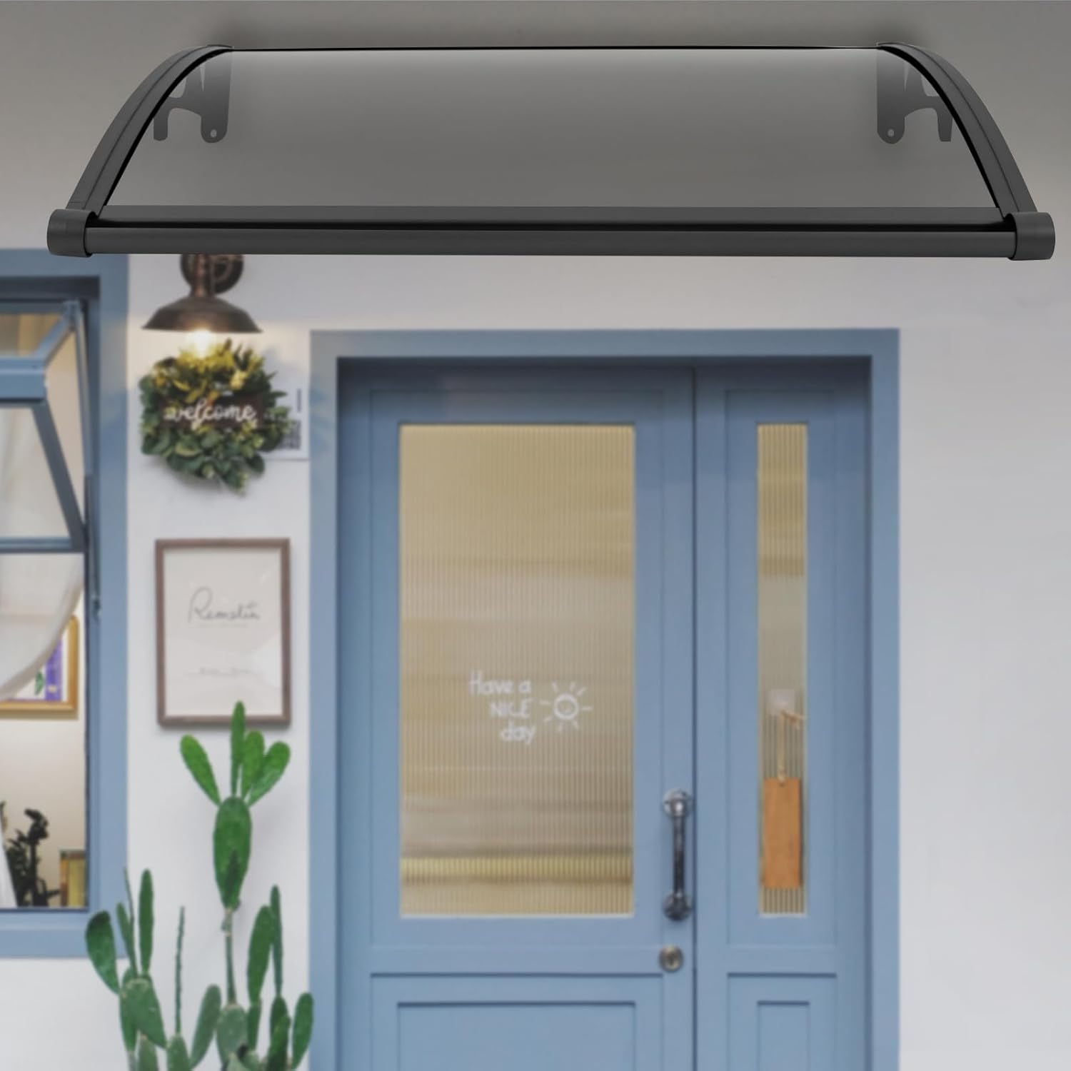 Window Door Awning Canopy 40Inch x 24Inch Polycarbonate Awning for Door Entrance with Aluminum Alloy Bracket Transparent Window Awnings Exterior for UV,Rain,Snow Protection (Gray)