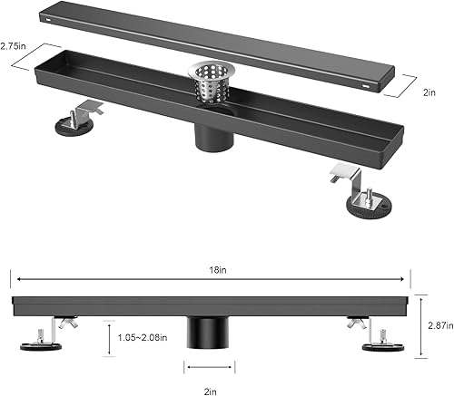 Miniatura 5 de Dilvii Desagüe lineal de ducha de 20 pulgadas, color negro mate, drenaje rectangular de piso de acero inoxidable con cubierta reversible, atrapa