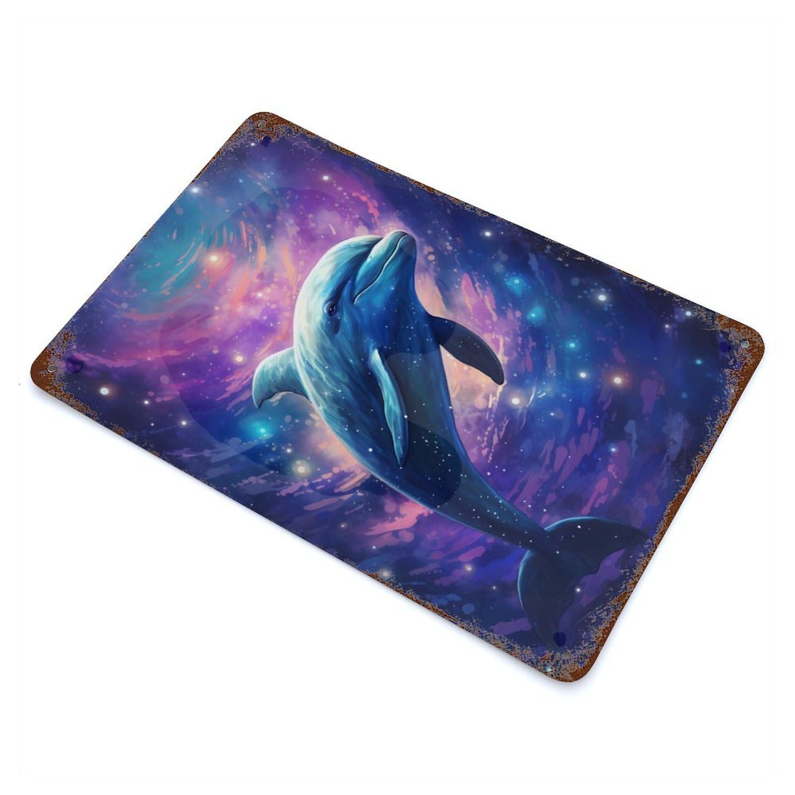 Vintage Rust Metal Sign with Cosmic Fantasy Dolphin Design 11.8"x7.9", for Garage, Bar And Workshop Decor, Retro Wall Decor
