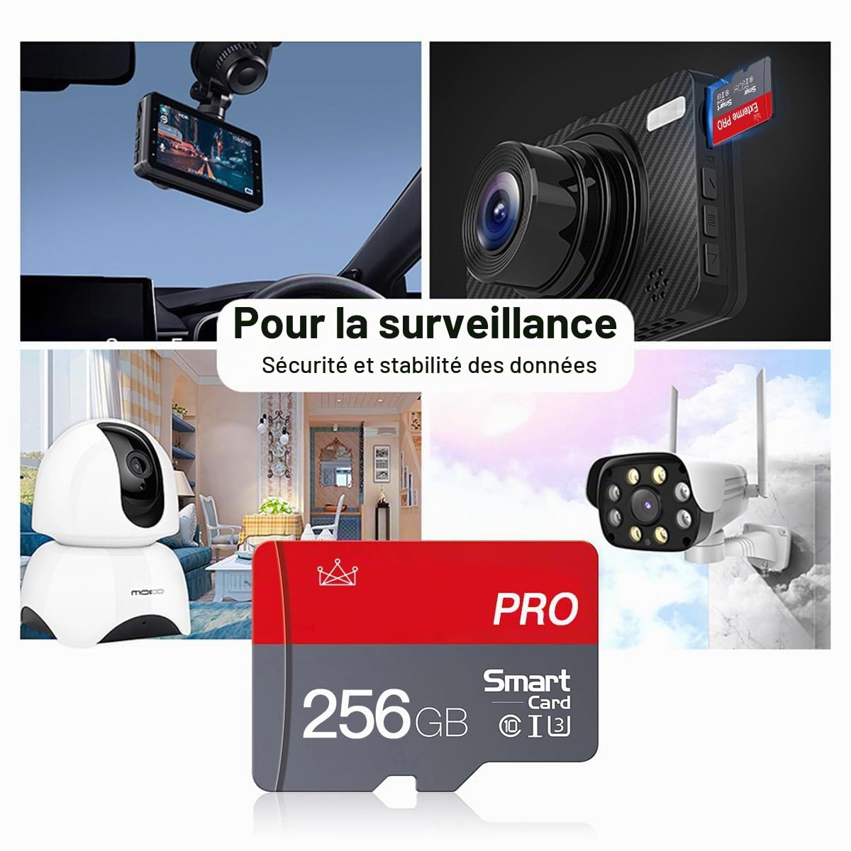 Lot de 2 cartes mémoire Micro SD 256 Go Classe 10 Haute Vitesse avec adaptateur Mini SD