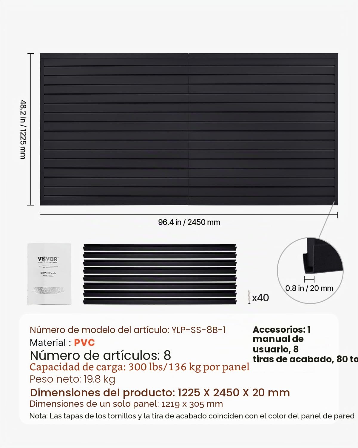 VEVOR Paneles de Pared de Listones 1225 x 2450 x 20 mm, Panel de Listones de Garaje de PVC Diseño Modular con Estructura de Acoplamiento y Corte de Bricolaje para Almacenamiento y Exhibición, Negro