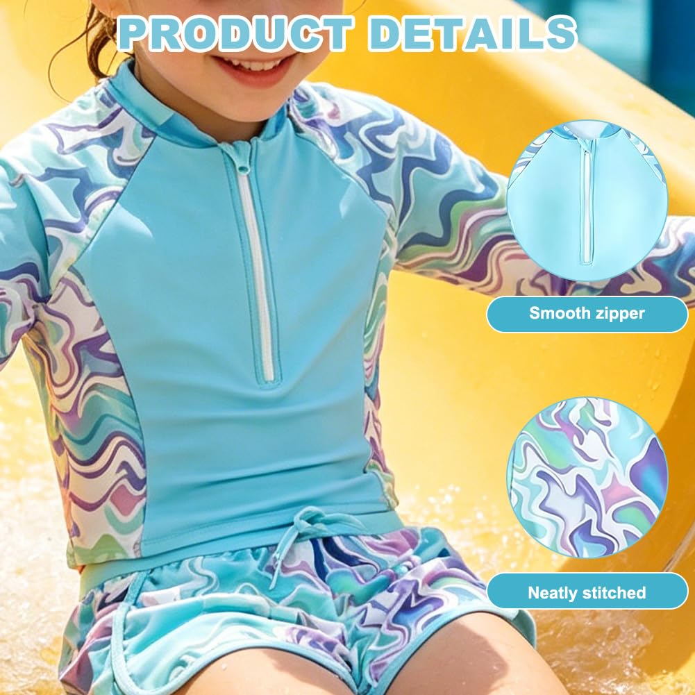 Conjunto de ropa de baño para niña, con protección UV, manga larga con acolchado extraíble, estampado floral de 1/2 cremallera, camiseta de natación y bañador para adolescentes, camiseta UV
