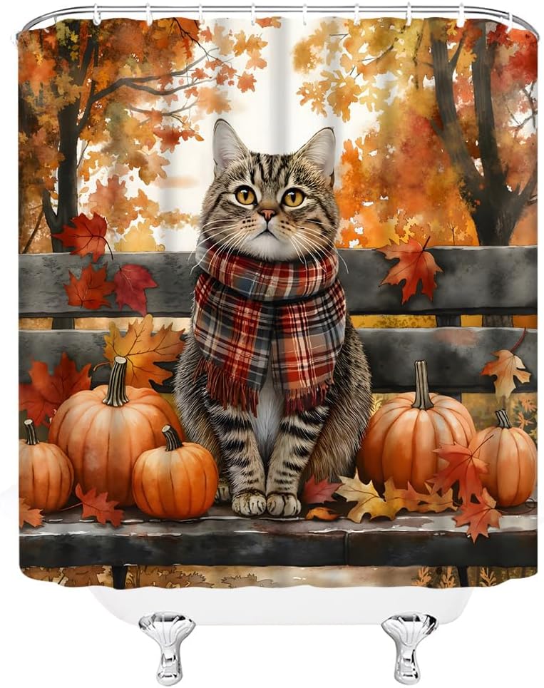 Fall Cat Shower Curtain Autumn Cute Kitten Pumpkins Maple Leaves Forest Rustic Wooden Board Watercolor Thanksgiving Harvest Bathroom Decor Polyester Fabric Curtains with Hook 70Wx80H Inches