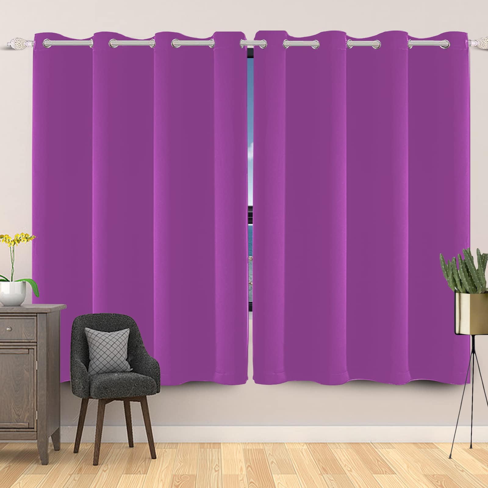 SDOTPMT Solid Color 2pc Set Window Curtain Purple Classic Traditional Window Drapes，Plain Color Grommet Window Treatment for Girl Boy Living Room Bedroom Blackout Curtains, 107x215cm，2 Panels