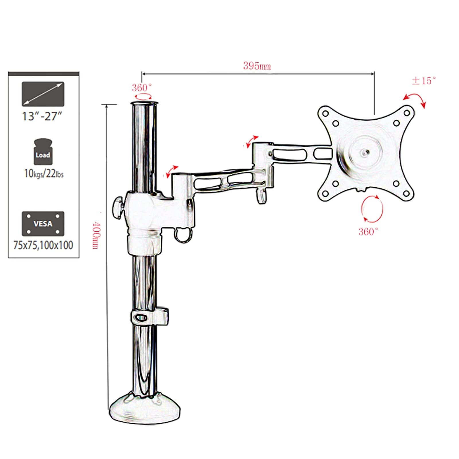 JOZZY Supporto da Parete per TV,Supporto per Monitor, Bracci di Morsetto da Scrivania per Impieghi Gravosi Completamente Regolabili per Schermi di Computer, Braccio per Monitor per Schermi da 137