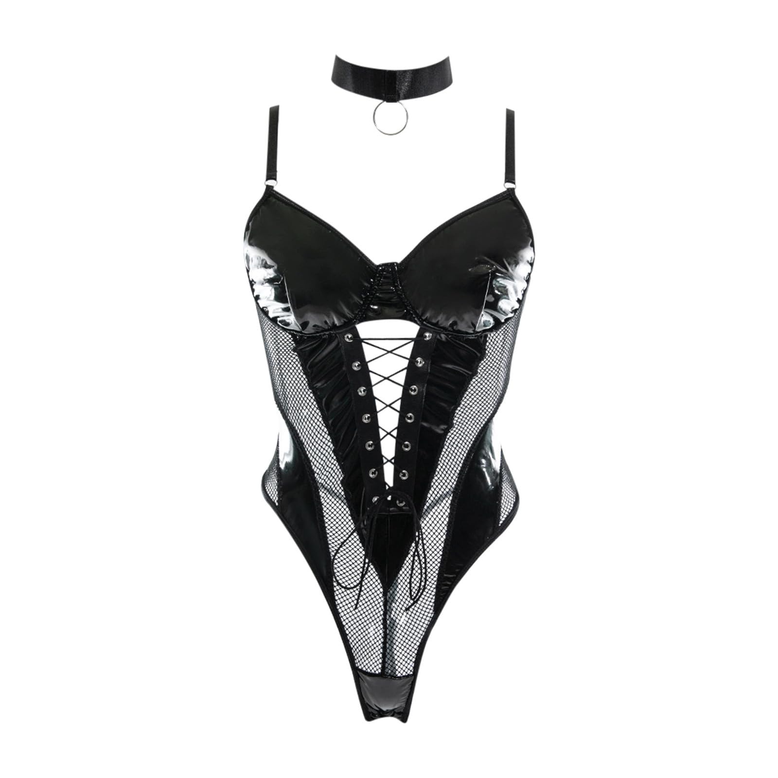 Generico Sexy Body In Pelle Per Donna, Latex Bodysuit Da Notte Ritaglio Cuoio Basic Intimi Con Cavallo E Aperto Leggero Lingerie In Discoteca Per Feste Reggiseni