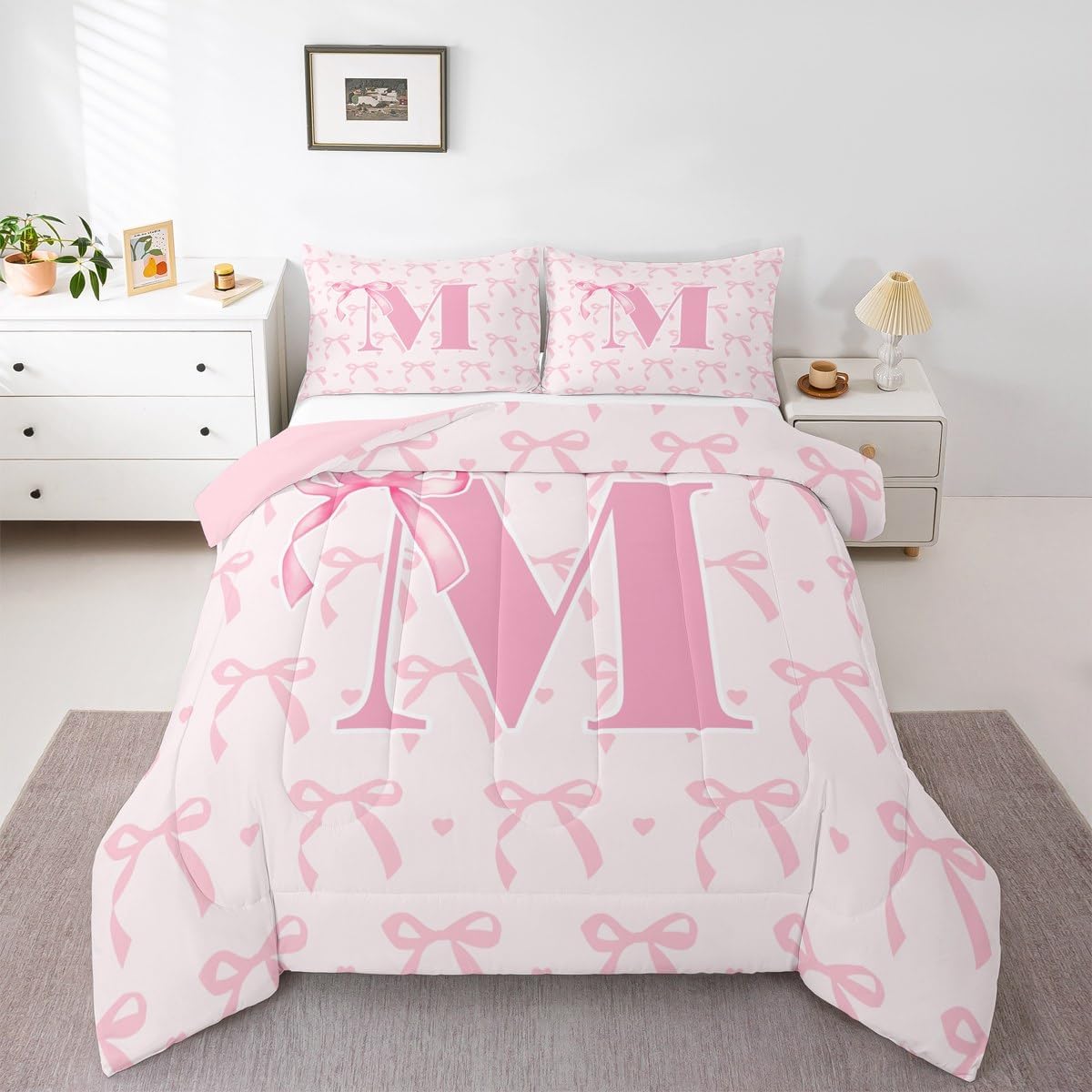 jejeloiu Cute Pink Bow Kids Bedding Set Twin Size,Boys Girls Personalized Letter M Comforter Set,Cute Coquette Bow Knot Ultra Soft Duvet Quilt,Initial Letter M Comforter Monogrammed Bedroom Decor - Image 3