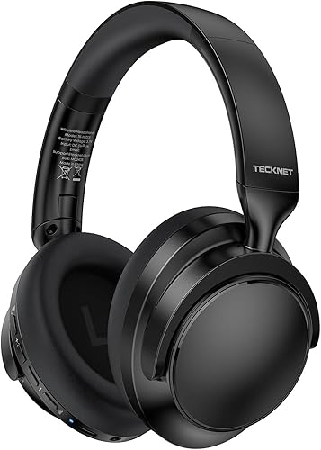 TECKNET Noise Cancelling Headphones Wireless & Wired, 70H Playtime Bluetooth Headphones Wireless Over Ear Built-in Mic,3.5mm Cable Dual Connection Foldable Headset Comfort for Home Office Travel,Black