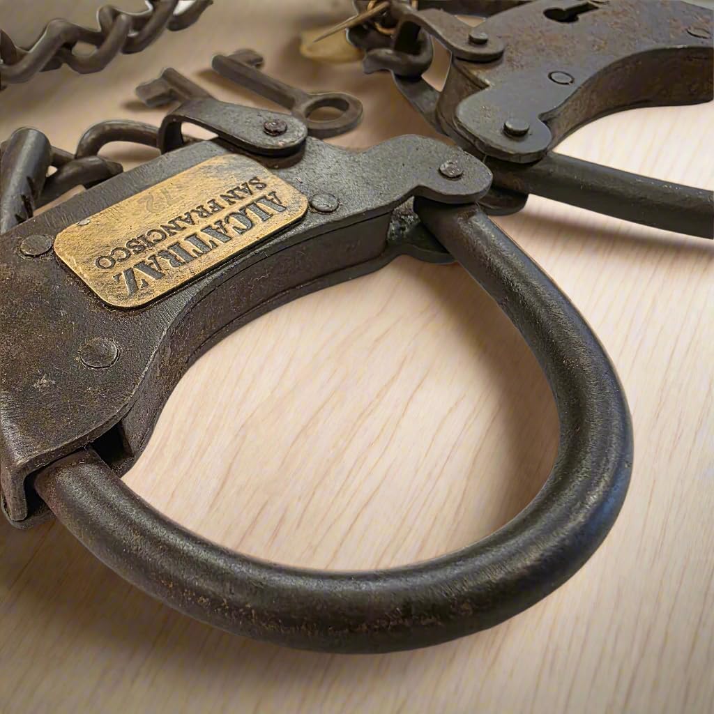 Alcatraz Prison San Francisco Iron Adjustable Handcuffs with Chain Serial Tag and Antique Finish (23" Long)