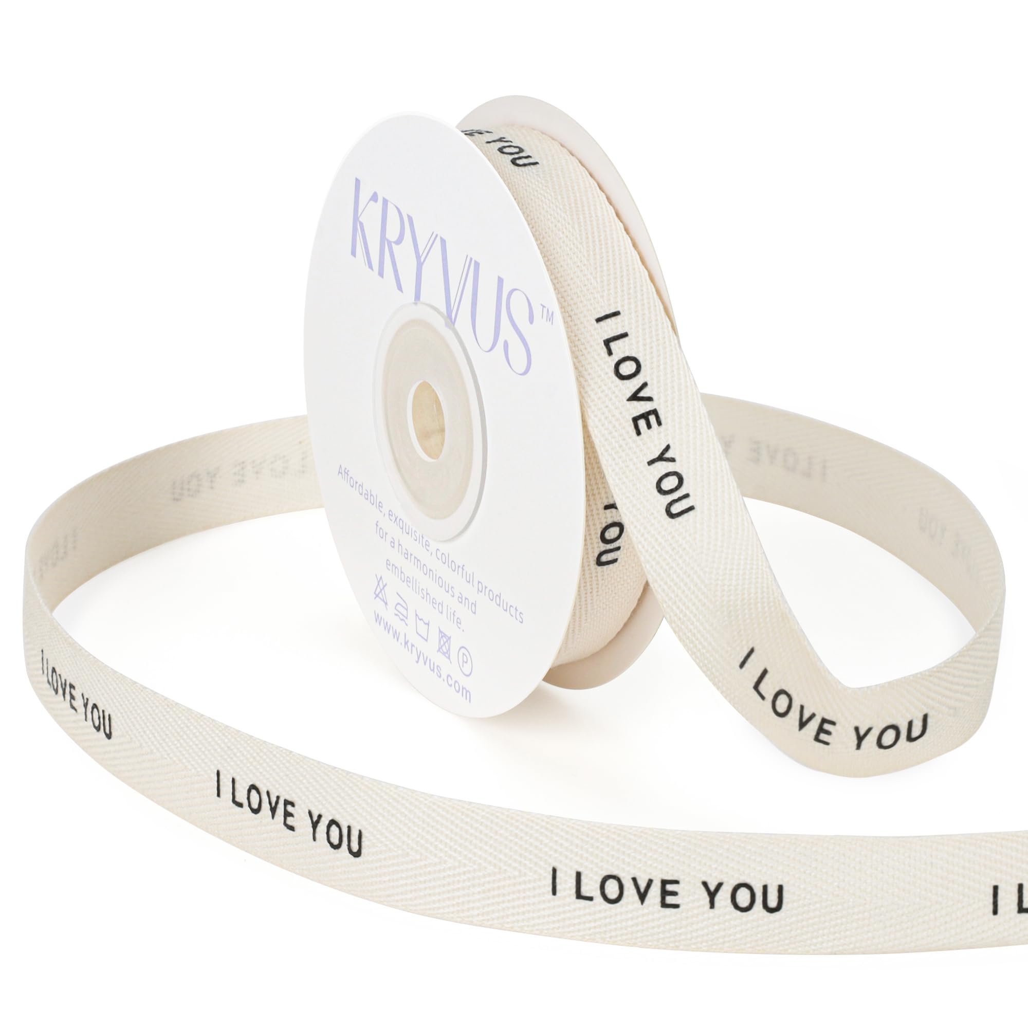 Kryvus I Love You Ribbon - 16mm x 11M Natural Twill Tape Ribbon, Cotton Herringbone Ribbons for Gift Wrapping, Flower Arrangement, Valentine's Day, Birthdays, Weddings, Christmas, Anniversaries — image 1