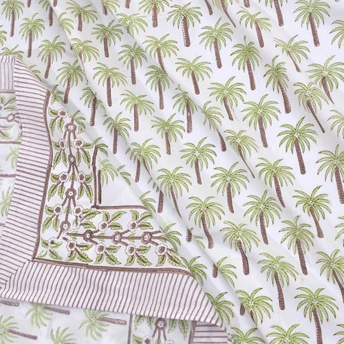 Image of TOAI Hand Block Printed Bedsheet | Bed Sheet Flatsheet | Pure Cotton | Double Bed King Size 108 inchx108 inch | 300 TC Bedsheets | Includes 2 Pillow Covers Palm Trees (Green Brown White)