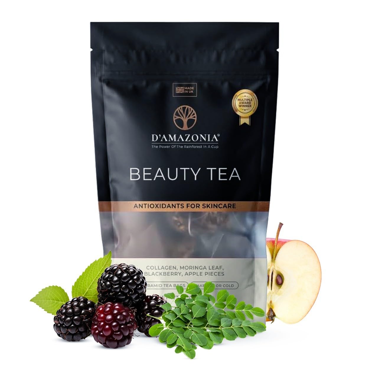 D'Amazonia Collagen Tea | Collagen Peptides, Moringa, Turmeric, Green Tea, Hibiscus | Pack of 20 Pyramid Tea Bags | Made in The UK