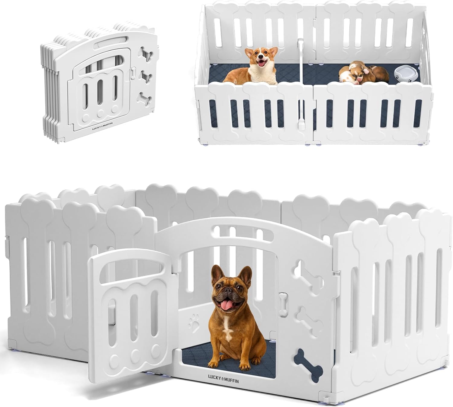 Dog Playpen, Whelping Box with Door, 24" H, 6-Panel Plastic Puppy Playpen for Small Medium Pets, Dogs & Puppies, Indoor/Outdoor, Safe, Sturdy, Easy to Assemble and Clean, 61" x 30" x 24" White 6-Panels with Divider and Pad 6 Panels with Door, Divider and Pad Regular