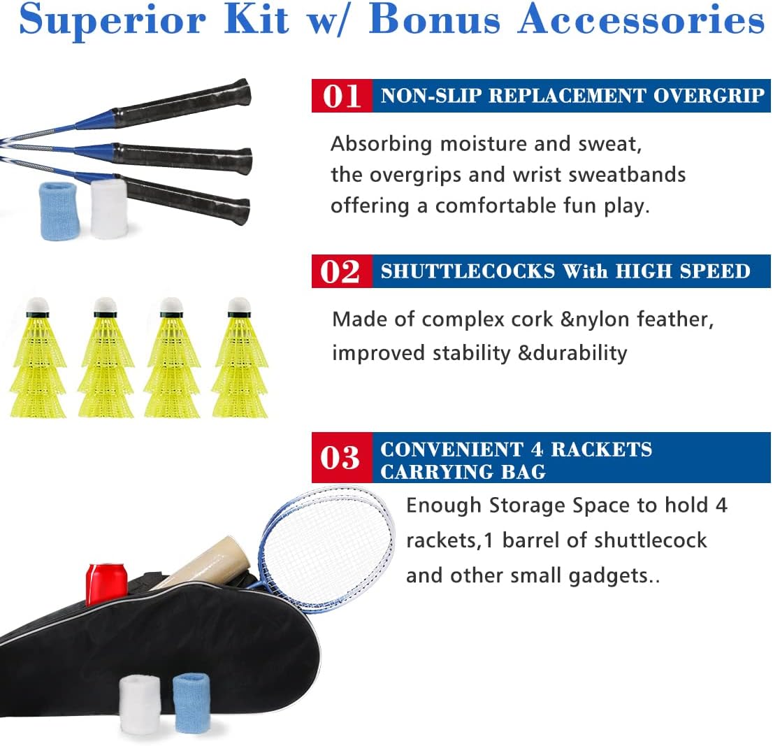STSTECH Badminton Rackets Set of 4 for Backyard Sports Adults Kids Family Racquets Game with 12 Shuttlecocks,4 Replacement Grips,4 Wristbands and Carrying Bag (Blue -A,Set of 4) : Sports & Outdoors