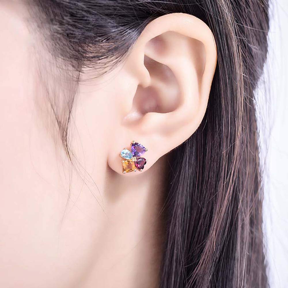 Aretes de oro macizo de 14 quilates con piedras preciosas naturales reales y topacio citrino granate amatista. Dimensiones: 12 x 10 mm