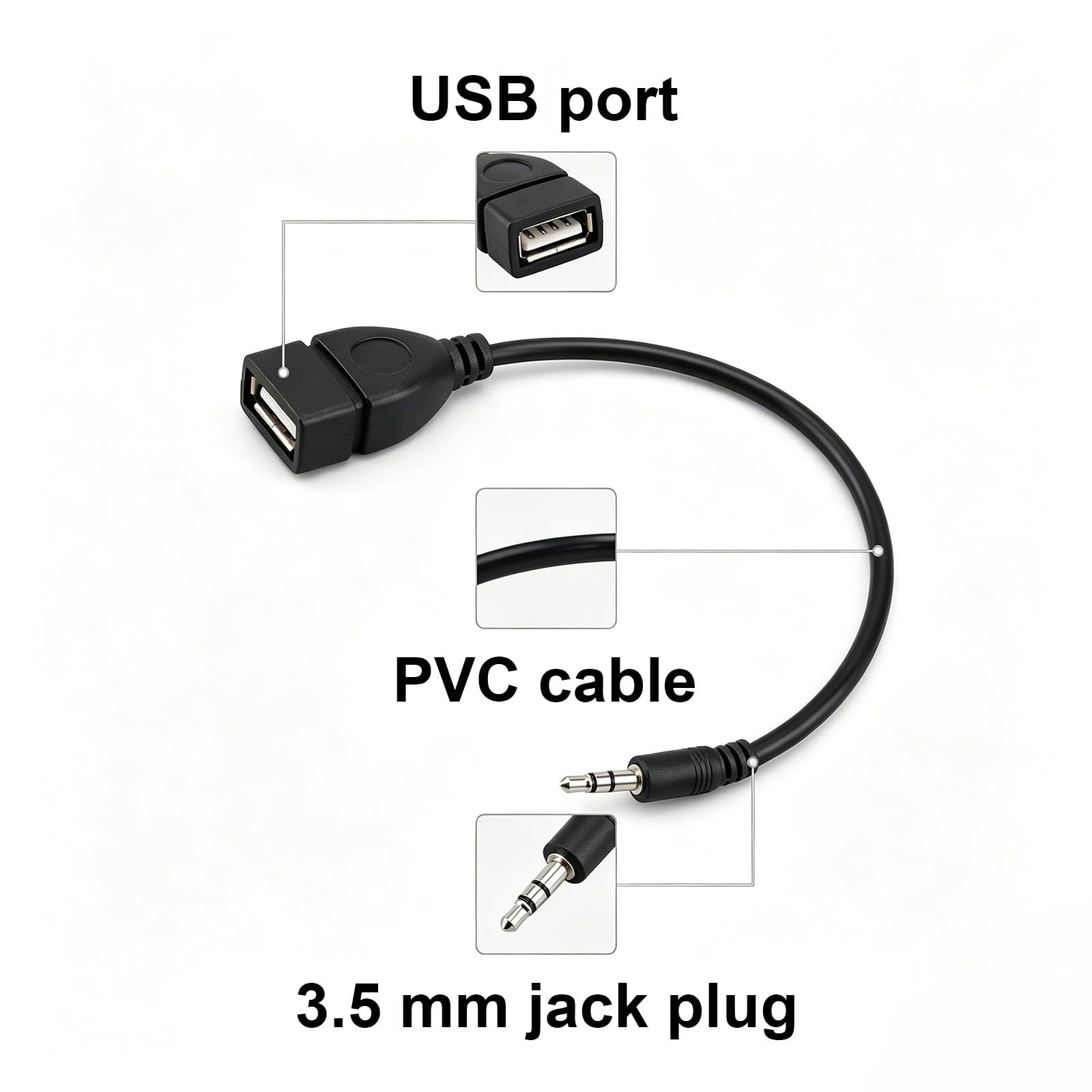 TNSLAND - Set da 2 adattatori USB con jack, adattatori audio AUX da 3,5 mm (da jack a presa USB), OTG plug-and-play per autoradio, impianti audio per auto e lettori CD/DVD – nero