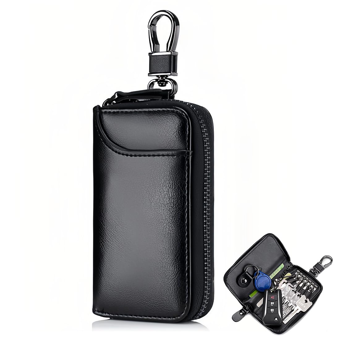 WOXJENA Funda llaves de Llave Hombres y Mujeres, funda mando garaje de coche, porta chaves de PU, negro 2 compartimentos
