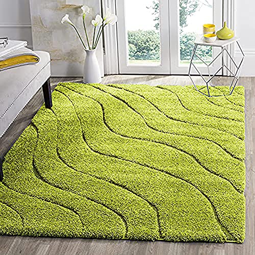 Image of Textured Wave Shaggy Rectangular Carpet For Living Room,Bedroom,High Low Design Finish Microfiber 1.8 Inch Pile High,8X10 Feet Green|Green Color