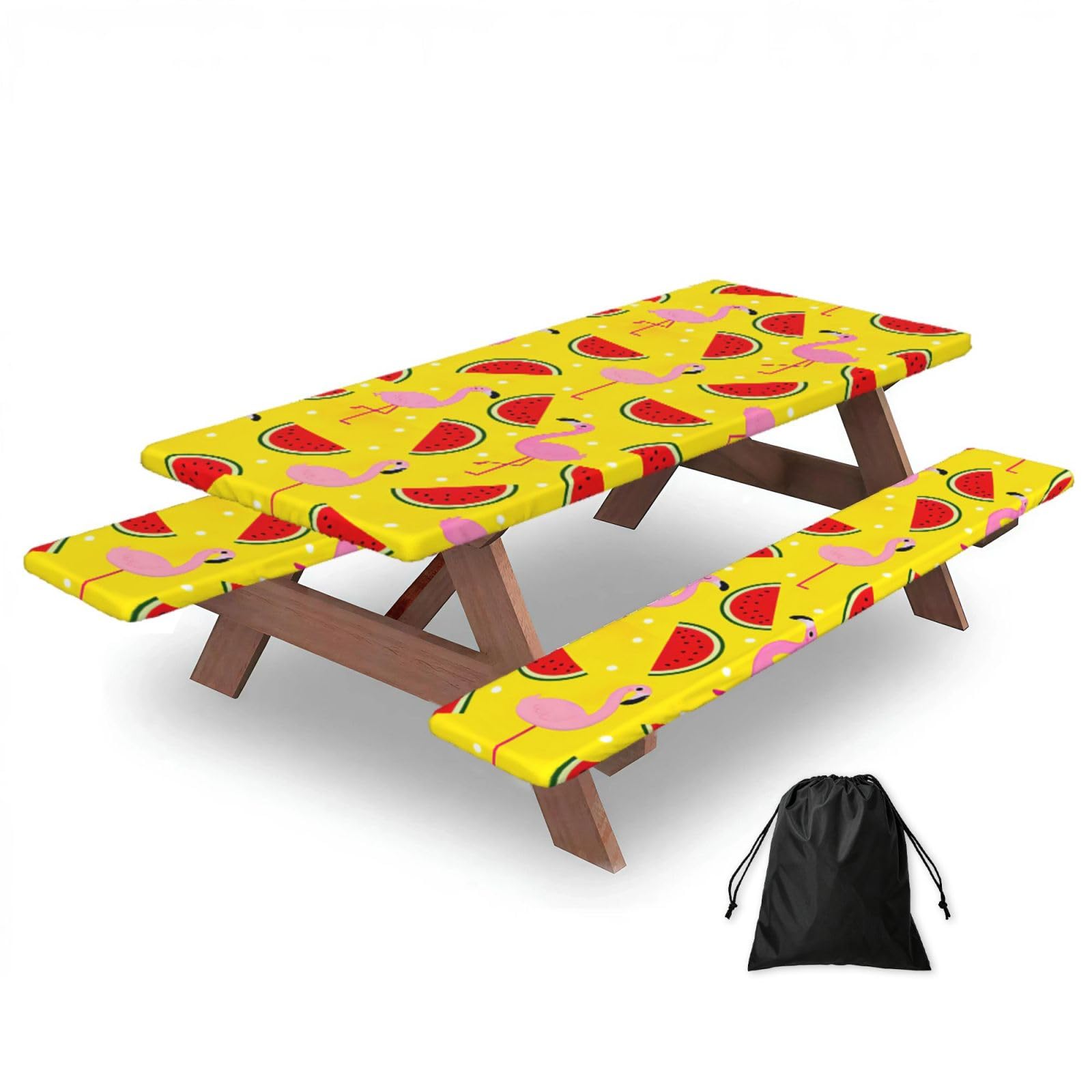 Yqxwjl Black Pink Flamingo And Watermelon Print Camping Essentials Waterproof Camping Table And Bench Cover With Drawstring Bag 183 Cm