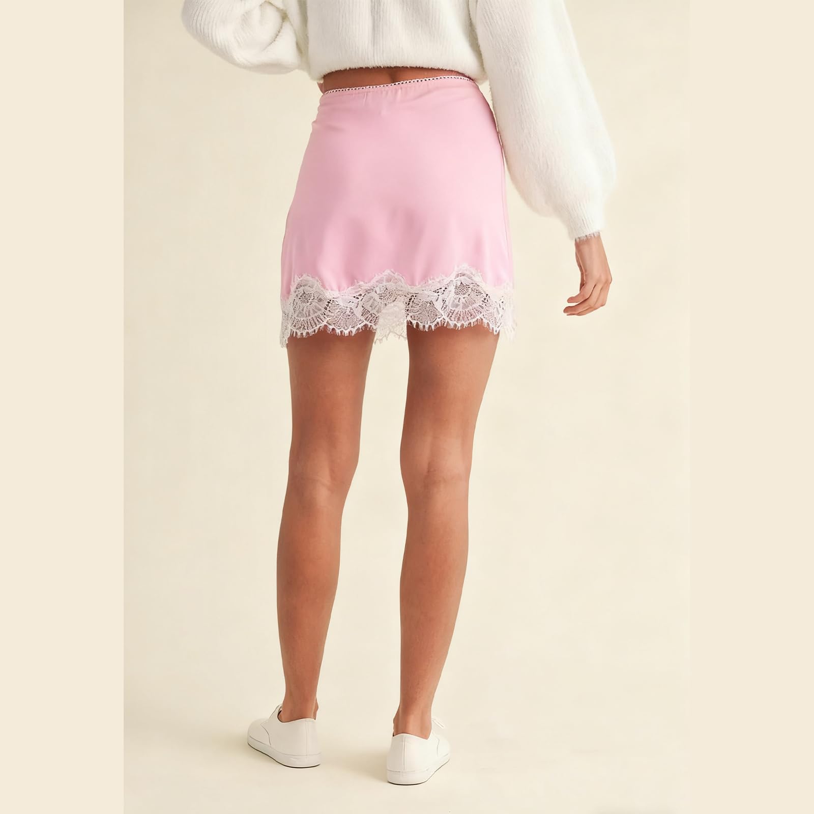 Sexy Outfit Damen-Halbslip aus Satin mit Spitzenbesatz, elastischer Taille, kurzer Unterrock, Petticoat für Unterkleider, weicher Slip-Rock in den britischen Größen 6–24