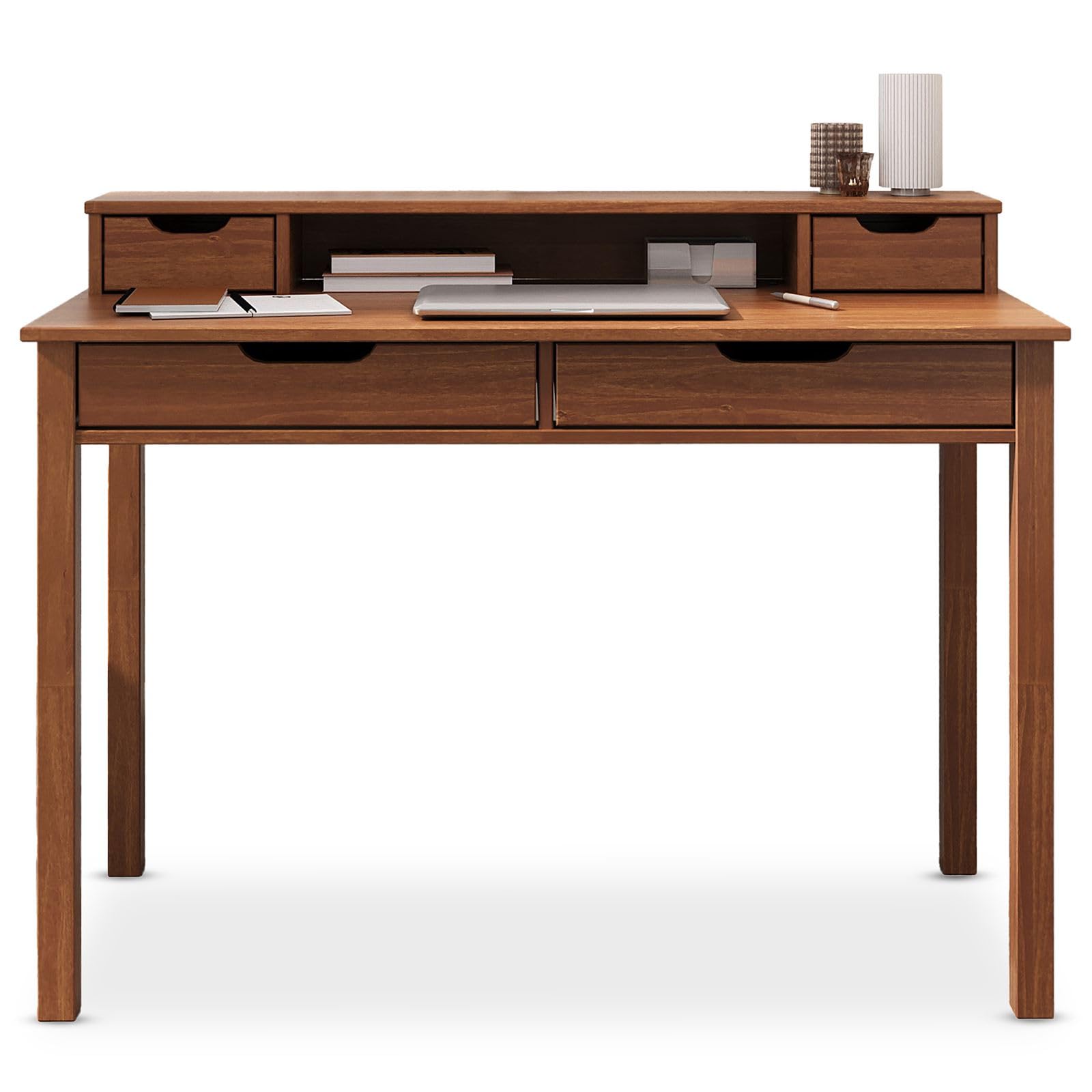 Escritorio Raul con 4 cajones de madera maciza, color castaño - Mesa de oficina con espacio de almacenamiento y nicho, escritorio de oficina en casa, mesa de ordenador con accesorio