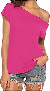 Top Acanalado Casual Hombro Descubierto Liso Irregular Top Manga Corta Camiseta para Mujer Top Mujer Manga Larga
